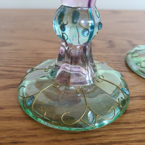 PartyLite Mardi Gras Colorful Tapered Candlestick Holder Pair Set of Two 5" Tall - Picture 5 of 17